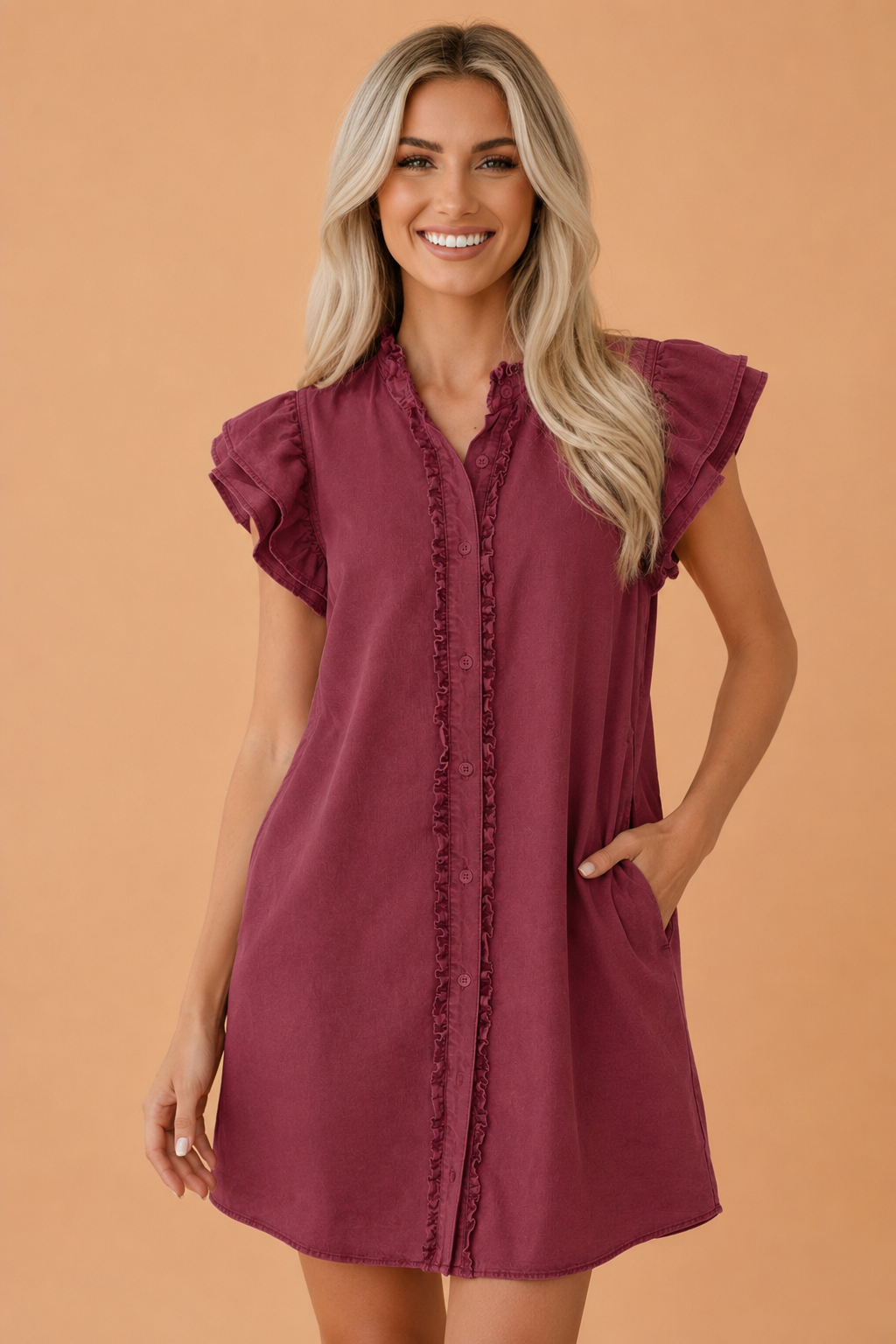 Solid Denim Ruffle Short Sleeve Buttoned Mini Dress