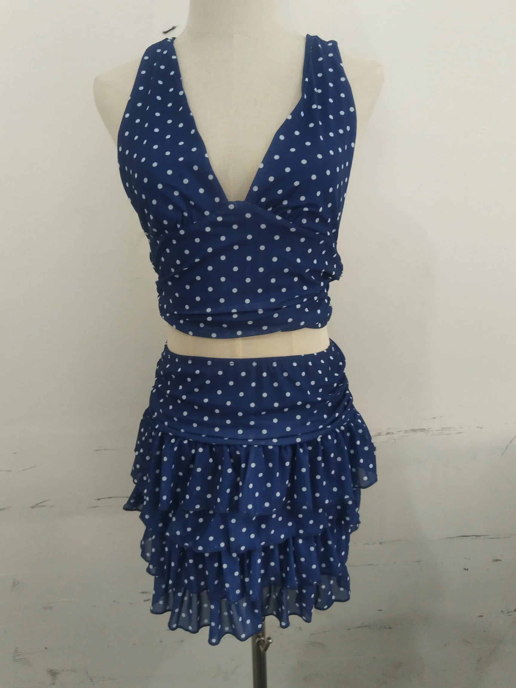 Retro Polka Dot 2-piece Set Lady Chic Sleeveless Off-shoulder Halter Crop Top Maxi Skirt Sets 2026 Women Vacation Street Outfit
