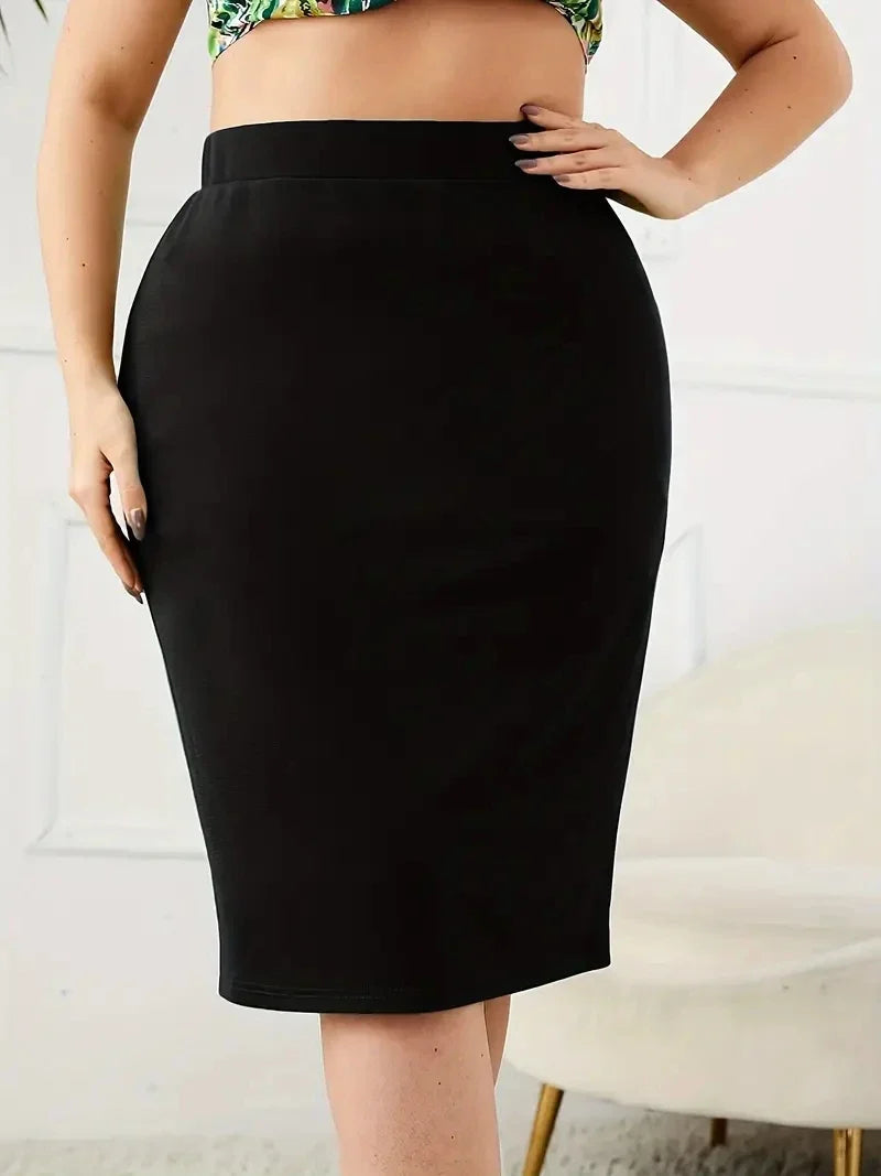 2026 Summer Plus Size Solid Slim Skirt, Casual High Waist Slit Skirt, Women's Plus SizeClothing