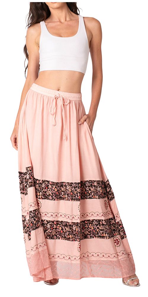Sakkas Sandra Women's Casual Long Maxi Boho Gypsy Skirt Elastic Waist & Pockets